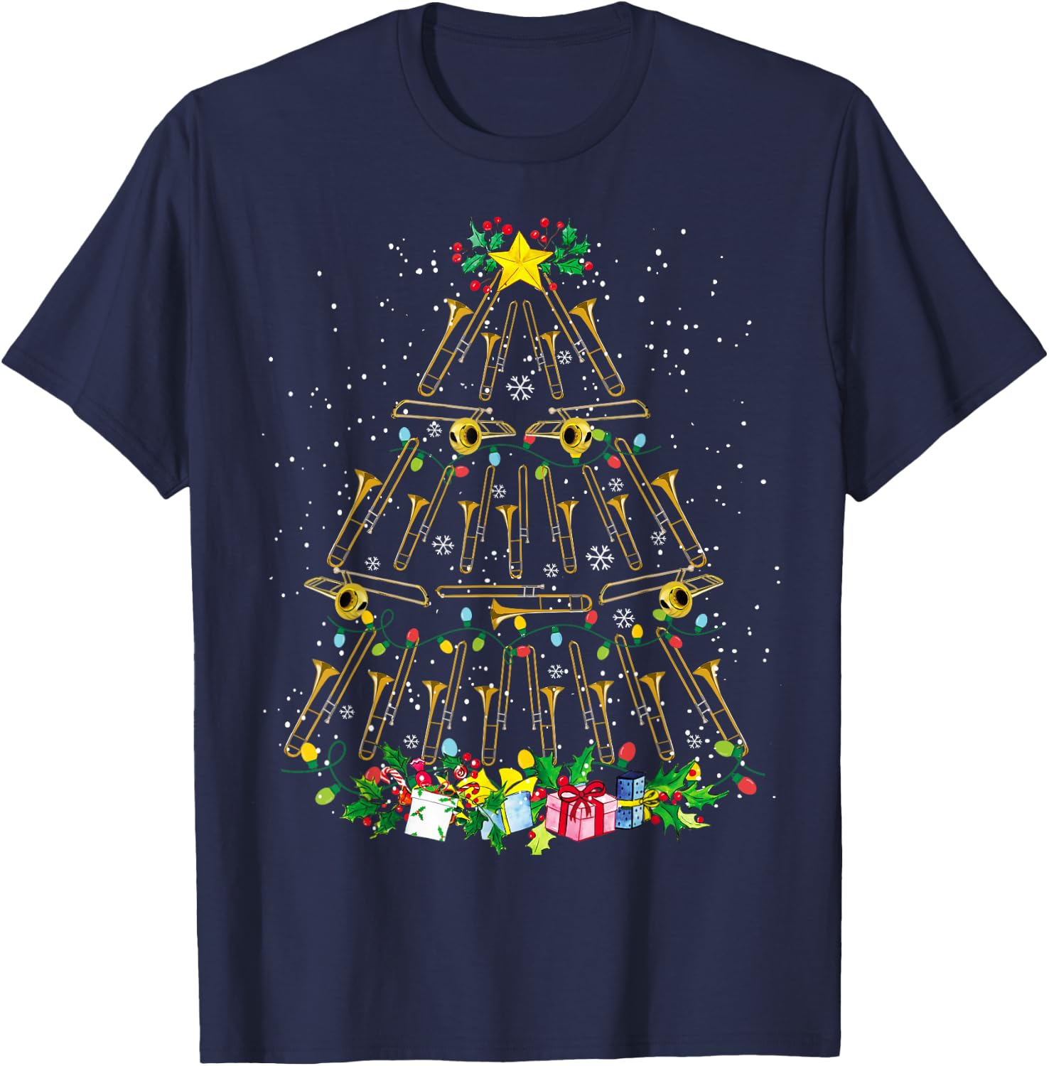 Funny Christmas Trombone Player Xmas Tree Music Lover Santa T-Shirt - T-Shirt | Navy