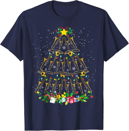 Funny Christmas Trombone Player Xmas Tree Music Lover Santa T-Shirt - T-Shirt | Navy