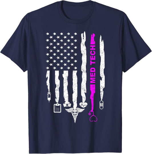Funny Patriotic Med Tech USA Flag Nurses Med Tech Week Gifts T-Shirt - T-Shirt | Navy