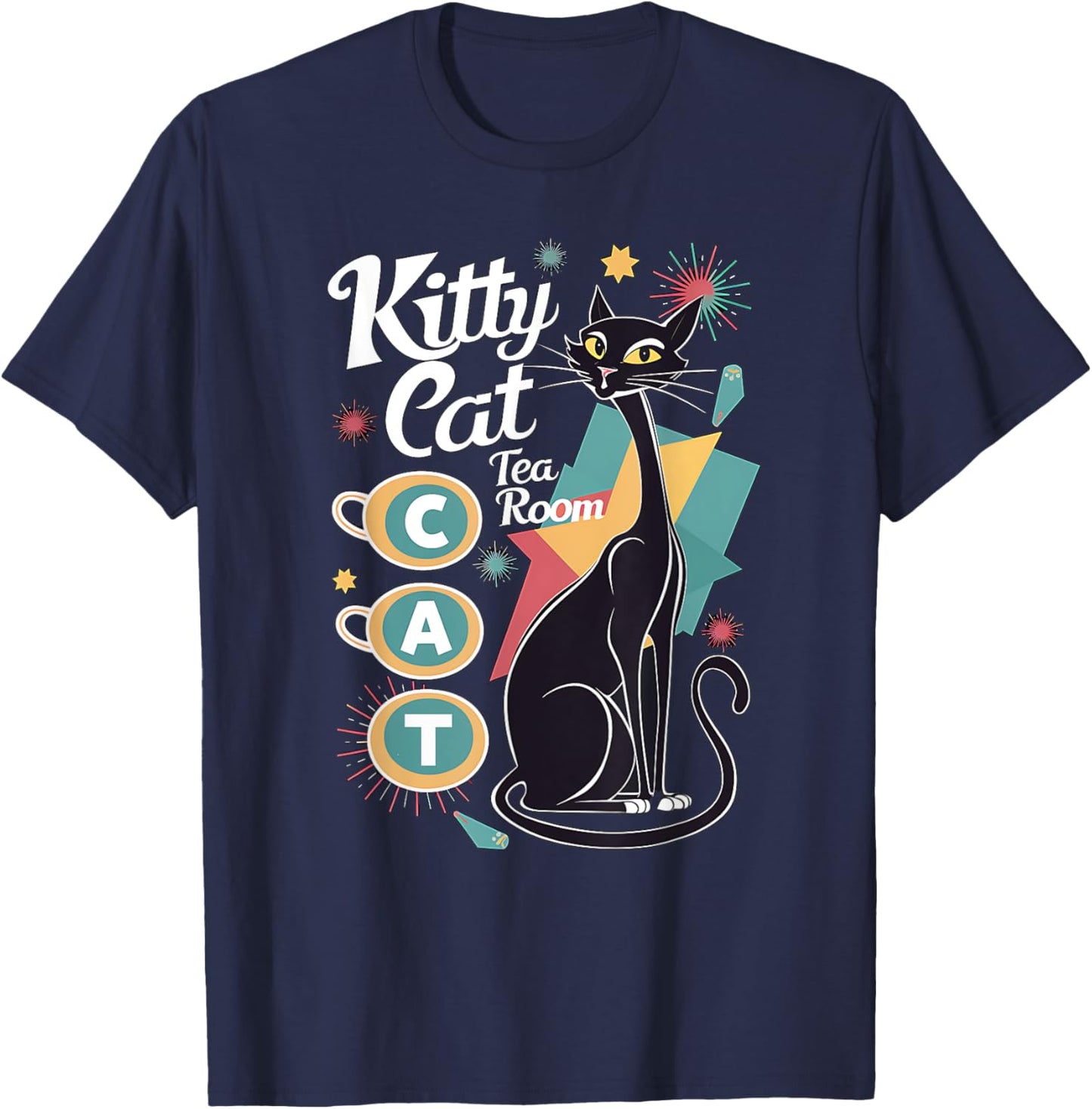 Retro Mid-Century Modern Kitty Cat Tea Room Design Women T-Shirt - T-Shirt | Navy