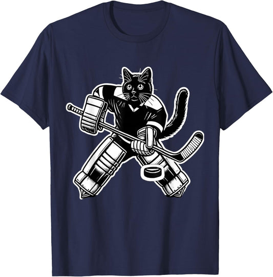 Funny Black Cat Ice Hockey Goalie Women Men Kids Hockey Fans T-Shirt - T-Shirt | Navy