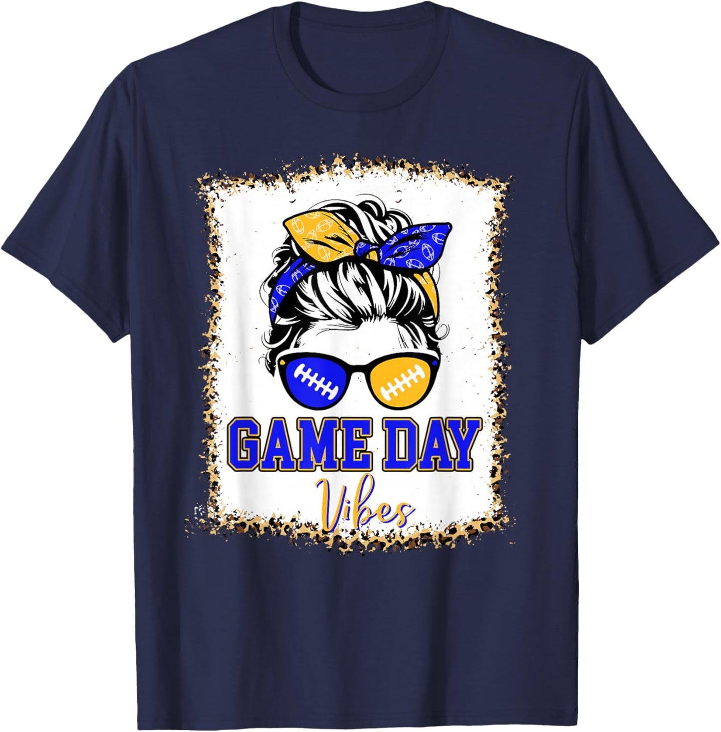 Blue Gold Game Day Vibes Football Women Leopard Print T-Shirt - T-Shirt | Navy