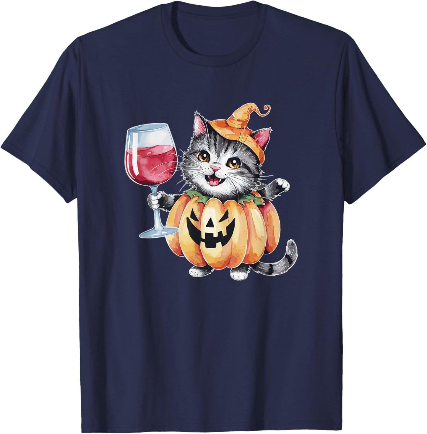 Cute Pumpkin Cat Wine Glass Halloween Cats Trick Or Treat T-Shirt - T-Shirt | Navy