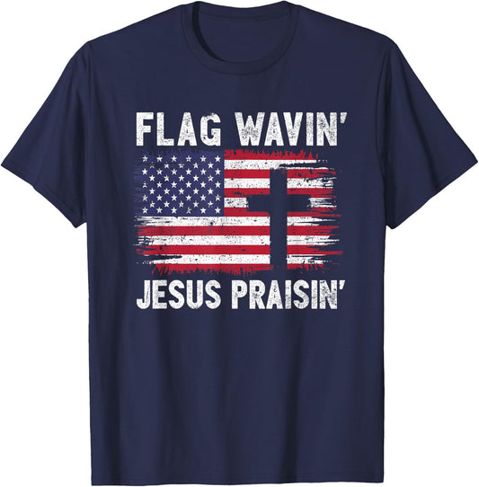 Faith & Freedom Christian America Flag Waving Jesus Praising T-Shirt - T-Shirt | Navy
