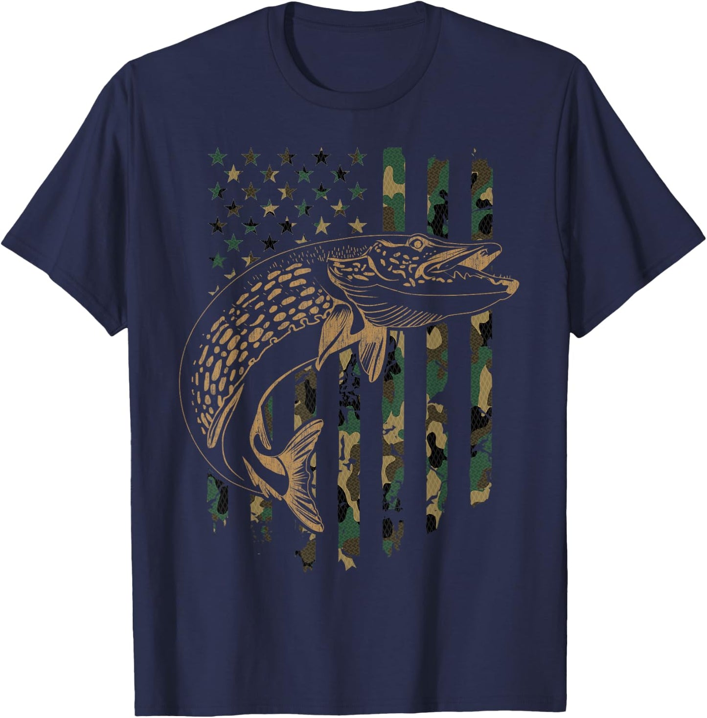 Pike Fishing American Flag Camouflage Muskie Fishing Camo T-Shirt - T-Shirt | Navy