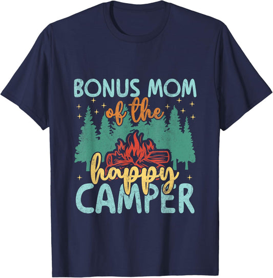 Bonus Mom of Happy Camper 1st Birthday Party Retro Bonus Mom T-Shirt - T-Shirt | Navy