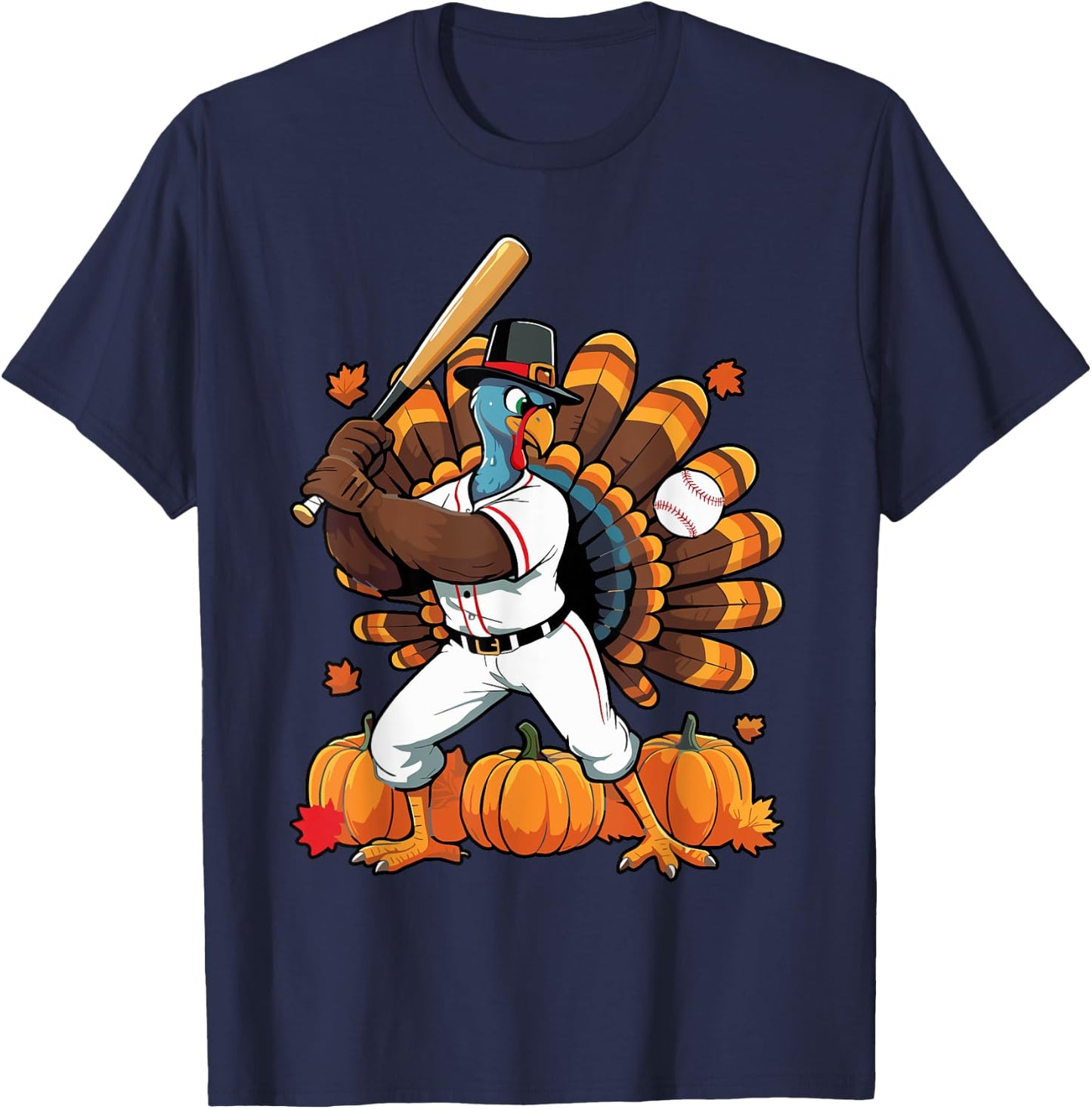 Turkey Playing Baseball Thanksgiving Baseball Player Boy Men T-Shirt - T-Shirt | Navy