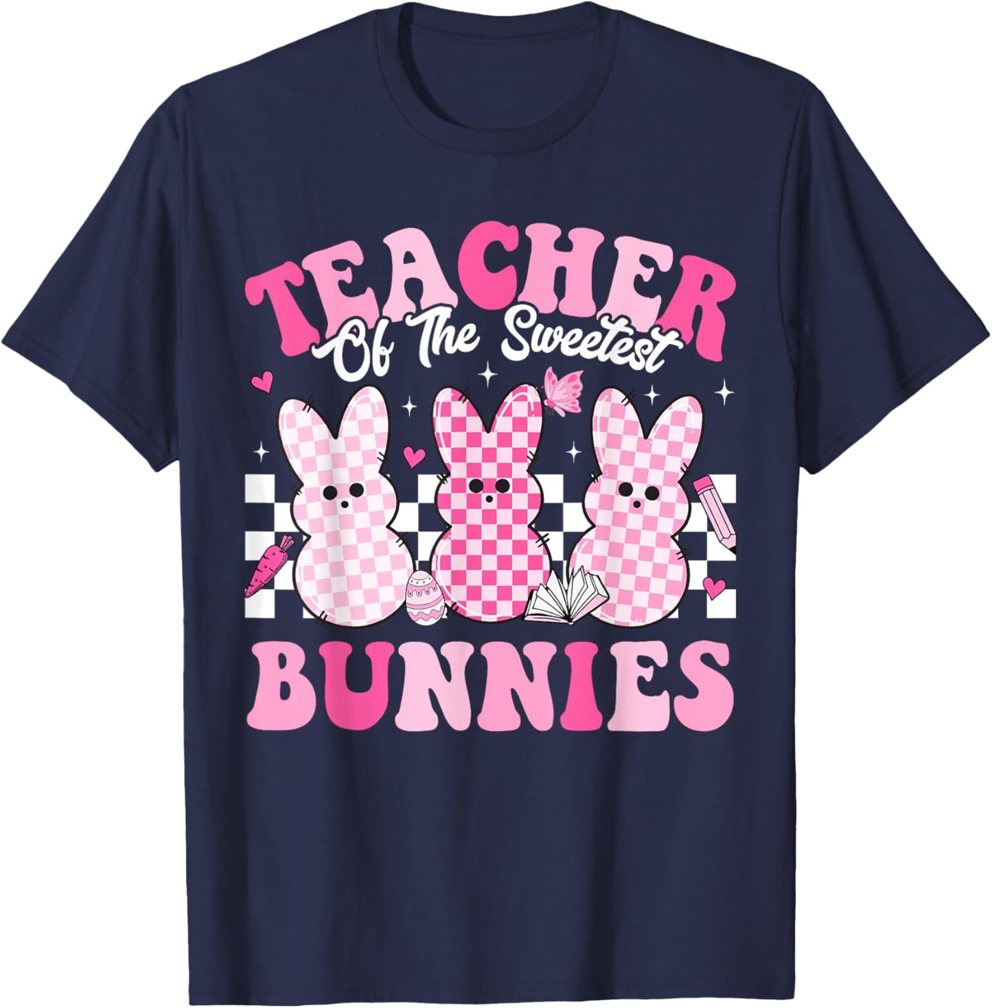 Teacher Of The Sweetest Bunnies Happy Easter Day Teachers Men Women Kids T-Shirt - T-Shirt | Navy