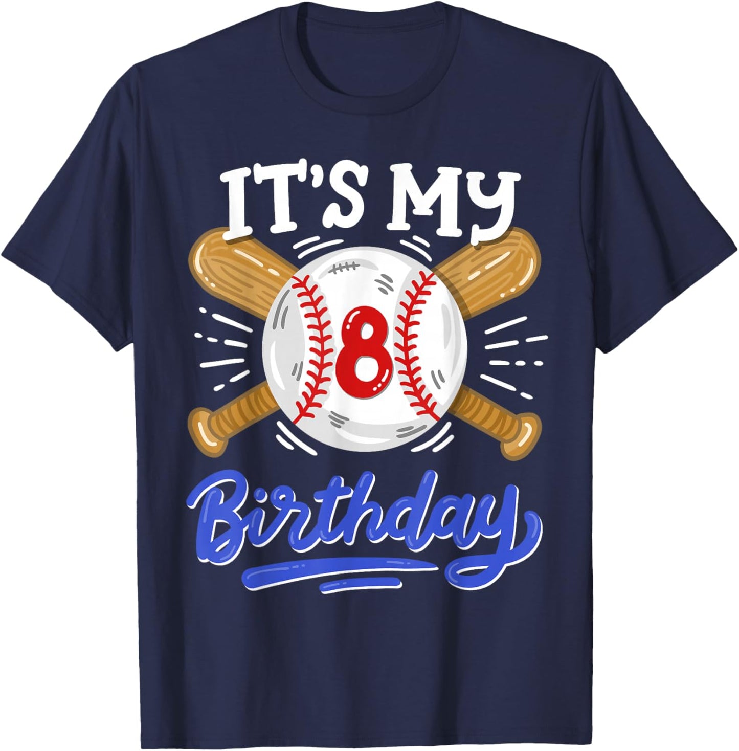 Kids 8th Baseball Birthday Party Boys Sport Fan 8 Years Old T-Shirt - T-Shirt | Navy