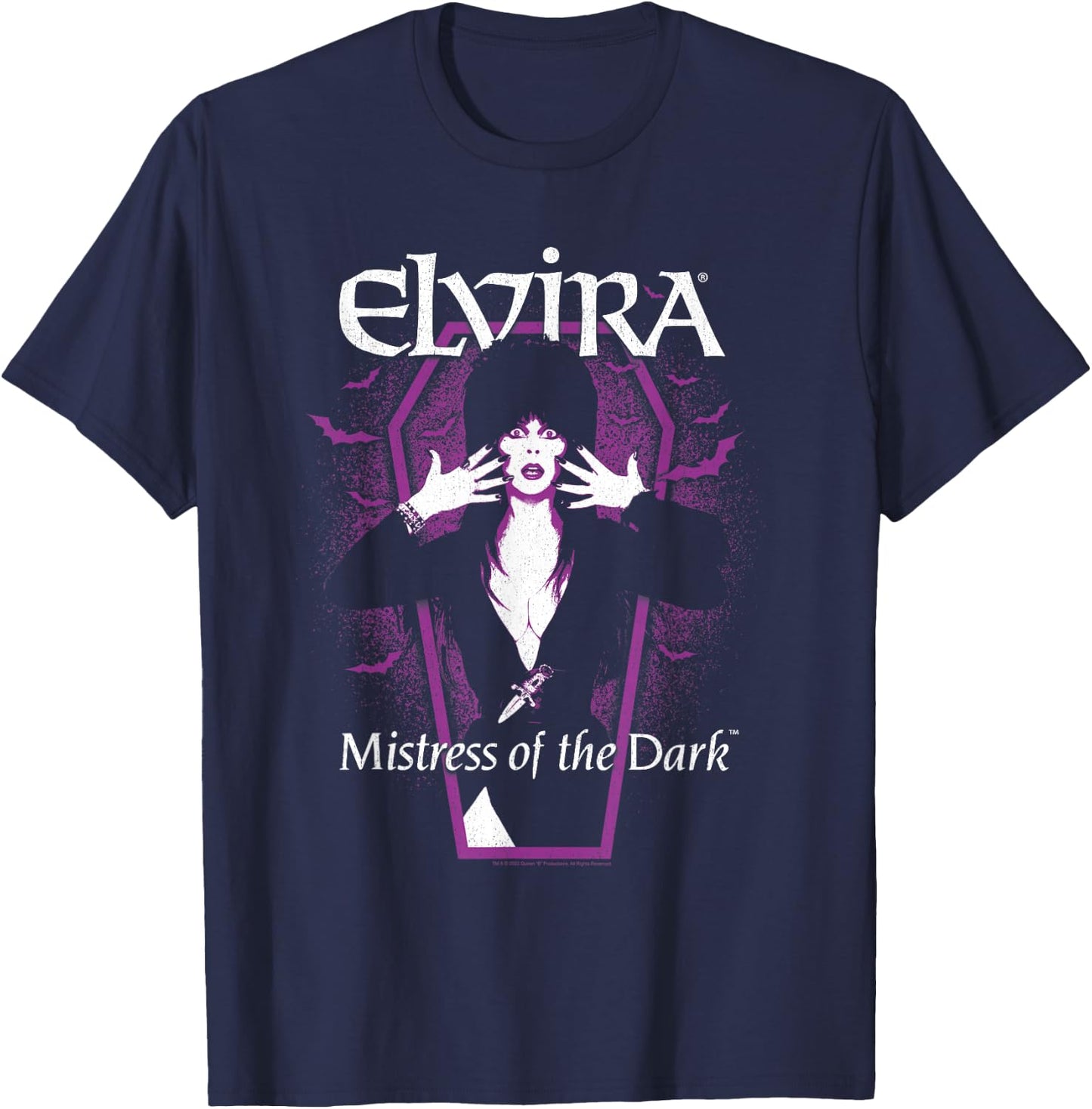 Elvira, Mistress of The Dark Purple Bats and Coffin T-Shirt - T-Shirt | Navy