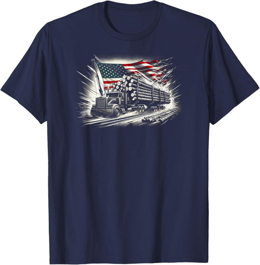 Vintage Logger with American Flag Logging/Carpenter T-Shirt - T-Shirt | Navy