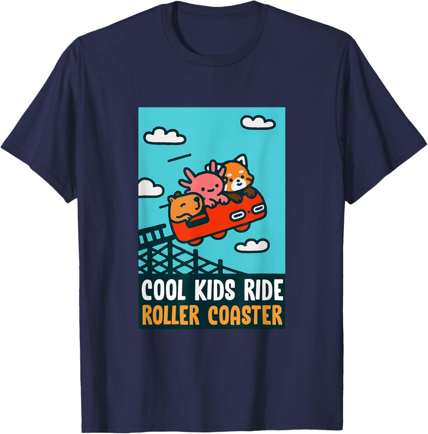 Red Panda, Axolotl, Capybara Riding A Roller Coaster Funny T-Shirt - T-Shirt | Navy
