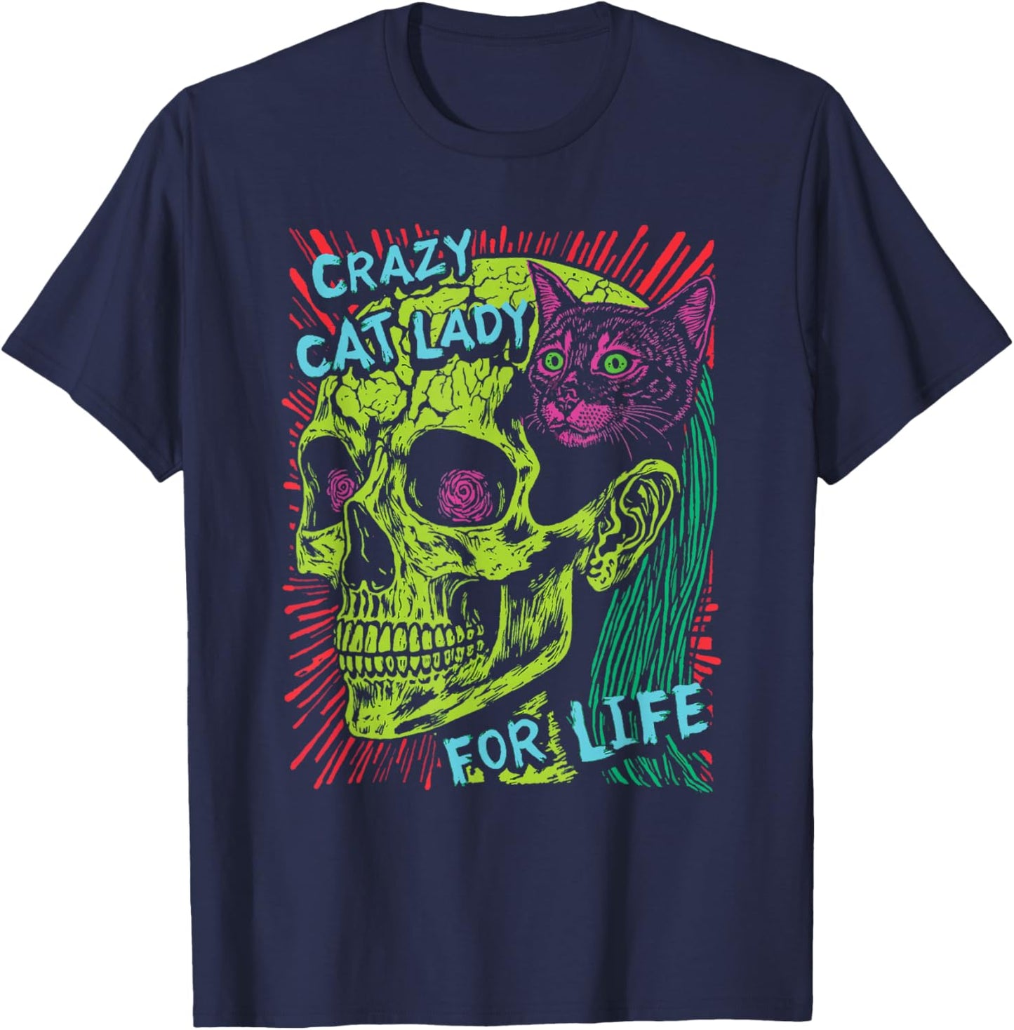 Crazy Cat Lady For Life Goth Punk Grunge Cat With Skull T-Shirt - T-Shirt | Navy
