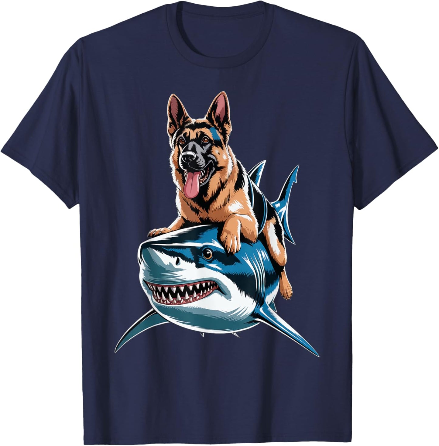 Funny German Shepherd Riding Shark T-Shirt - T-Shirt | Navy