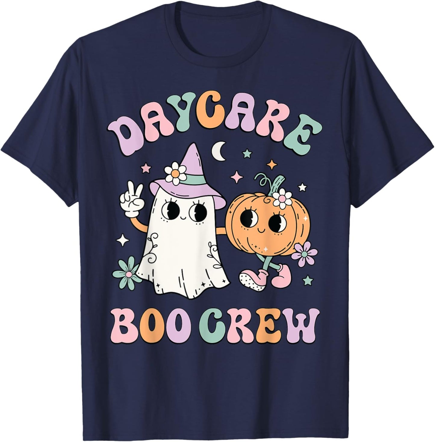 Daycare Boo Crew Groovy Halloween Floral Ghost Kid Teacher T-Shirt - T-Shirt | Navy
