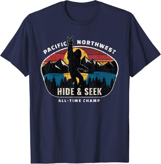 Pacific Northwest Bigfoot Hide and Seek Champ Sasquatch Gift T-Shirt - T-Shirt | Navy