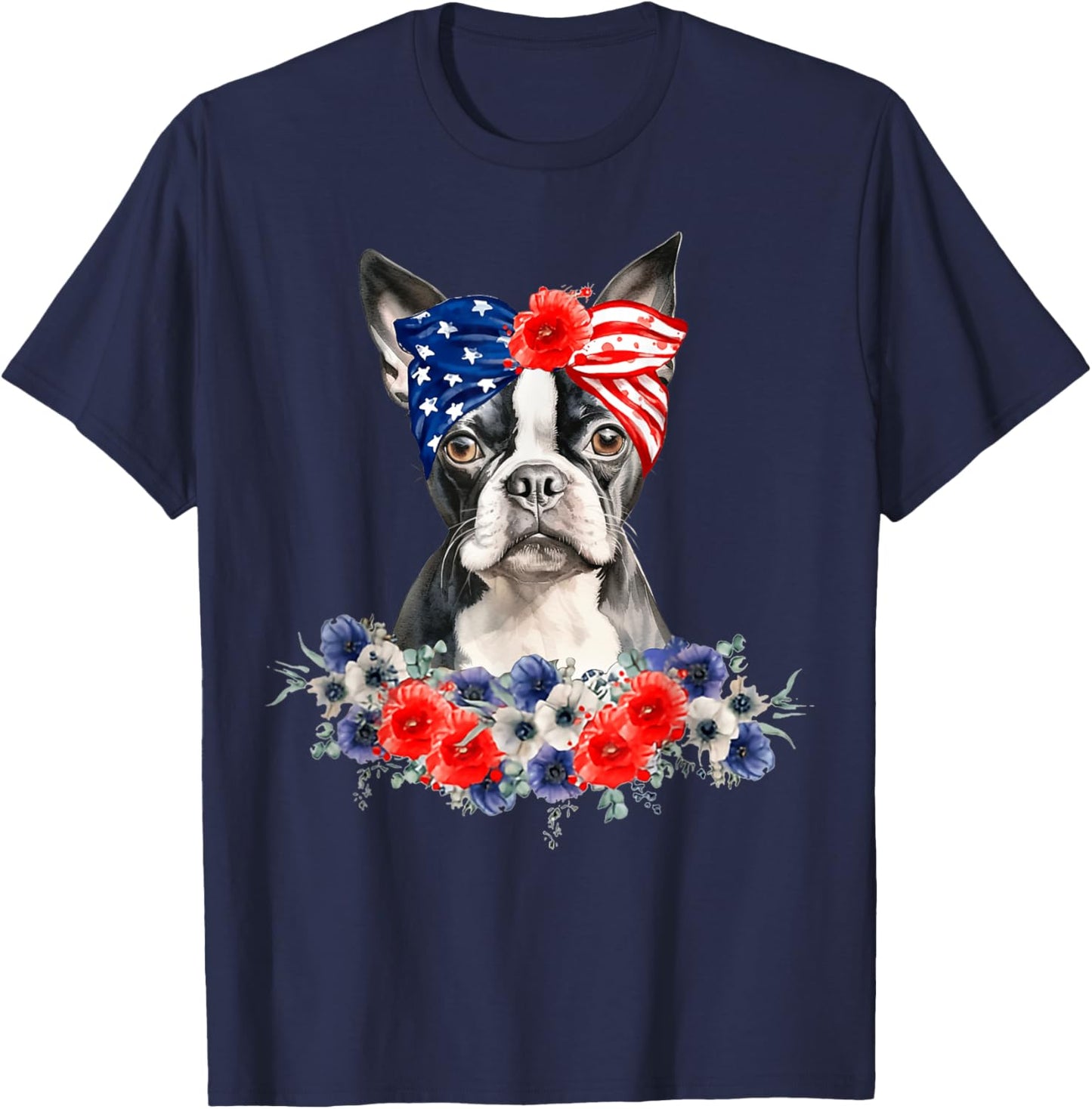 Boston Terrier Dog Bandana American Flag 4th Of July T-Shirt - T-Shirt | Navy
