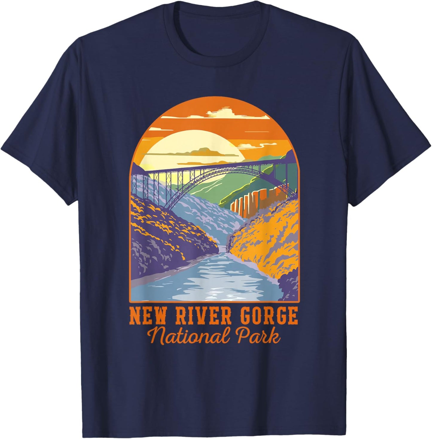 New River Gorge National Park Gift -Adults Cotton, Polyester Blend Black Small Modern Nature Hiking Short Sleeve T-Shirt - T-Shirt | Navy