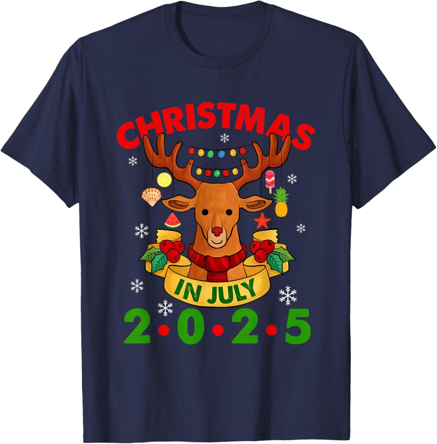 Christmas In July 2025 Reindeer Xmas Lights Summer Men Women Girls Kids T-Shirt - T-Shirt | Navy