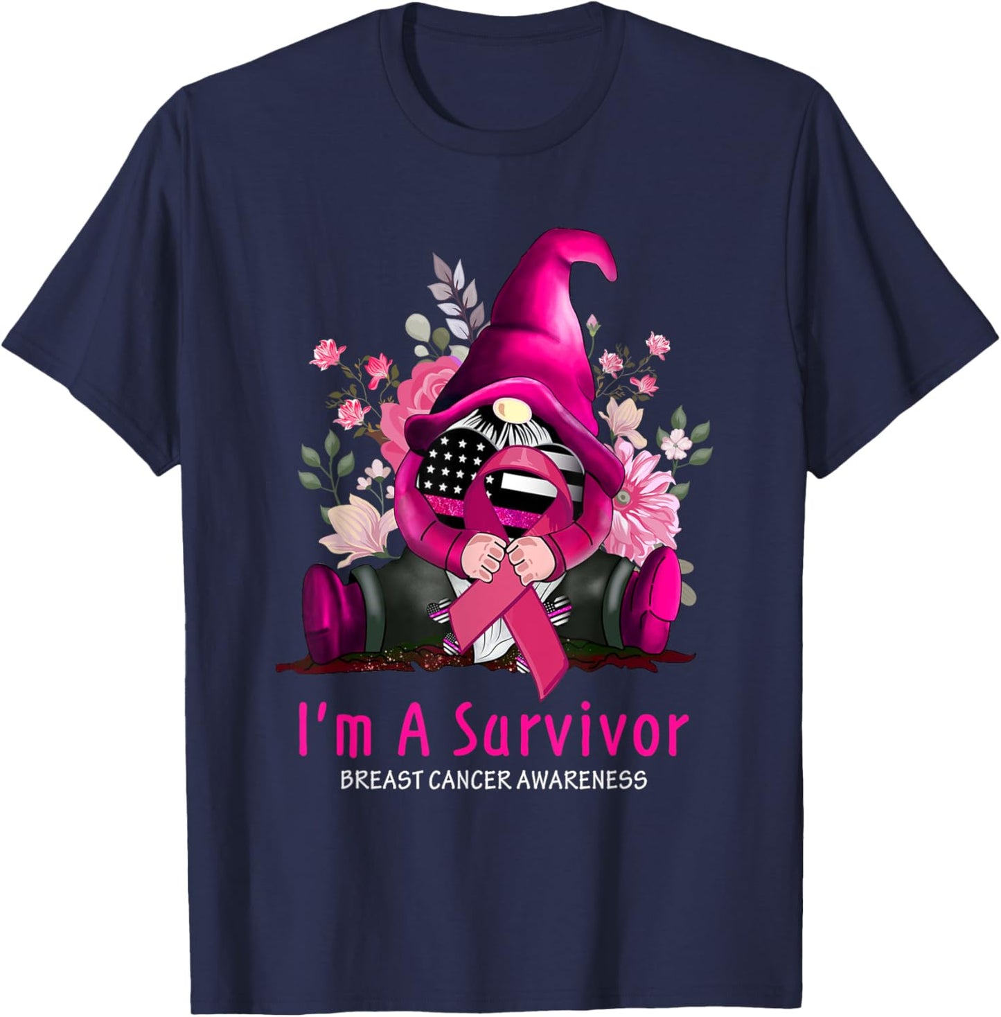 I’m A Survivor Gnome Pink Ribbon Breast Cancer Awareness T-Shirt - T-Shirt | Navy