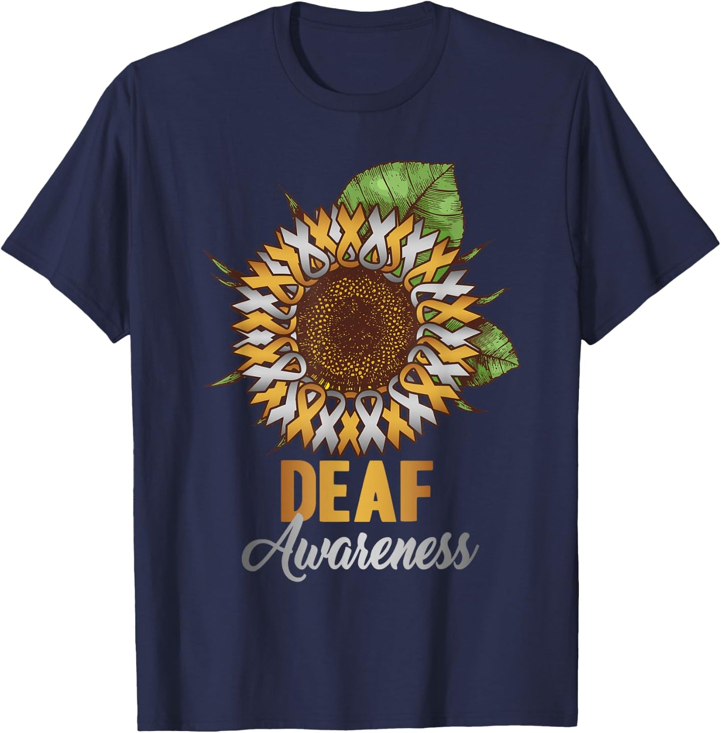 Deaf Awareness - Sunflower Gold and Silver Ribbon T-Shirt - T-Shirt | Navy