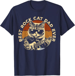 Best Rock Cat Dad Ever Funny Cat Playing Guitar T-Shirt - T-Shirt | Navy