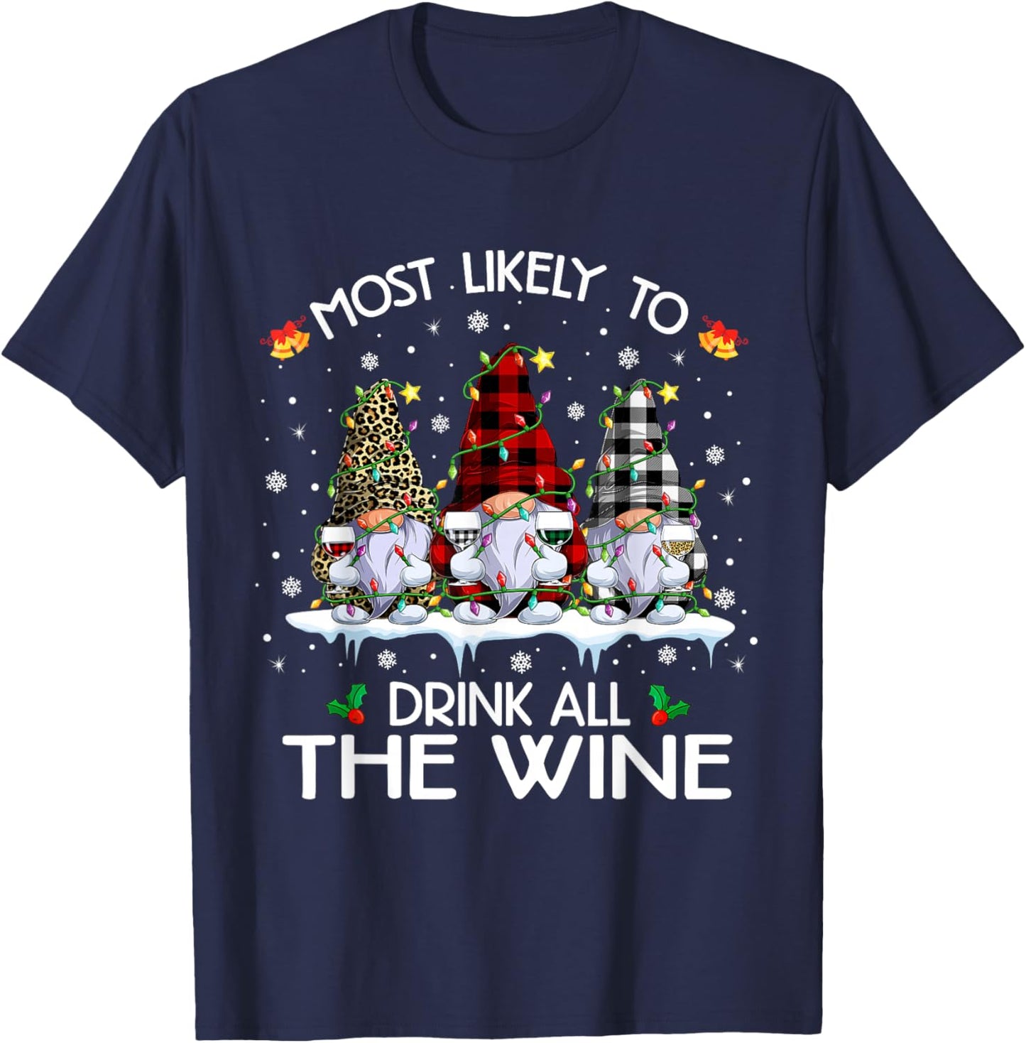 Buffalo Plaid Gnome Most Likely-To Drink All The Wine Xmas T-Shirt - T-Shirt | Navy