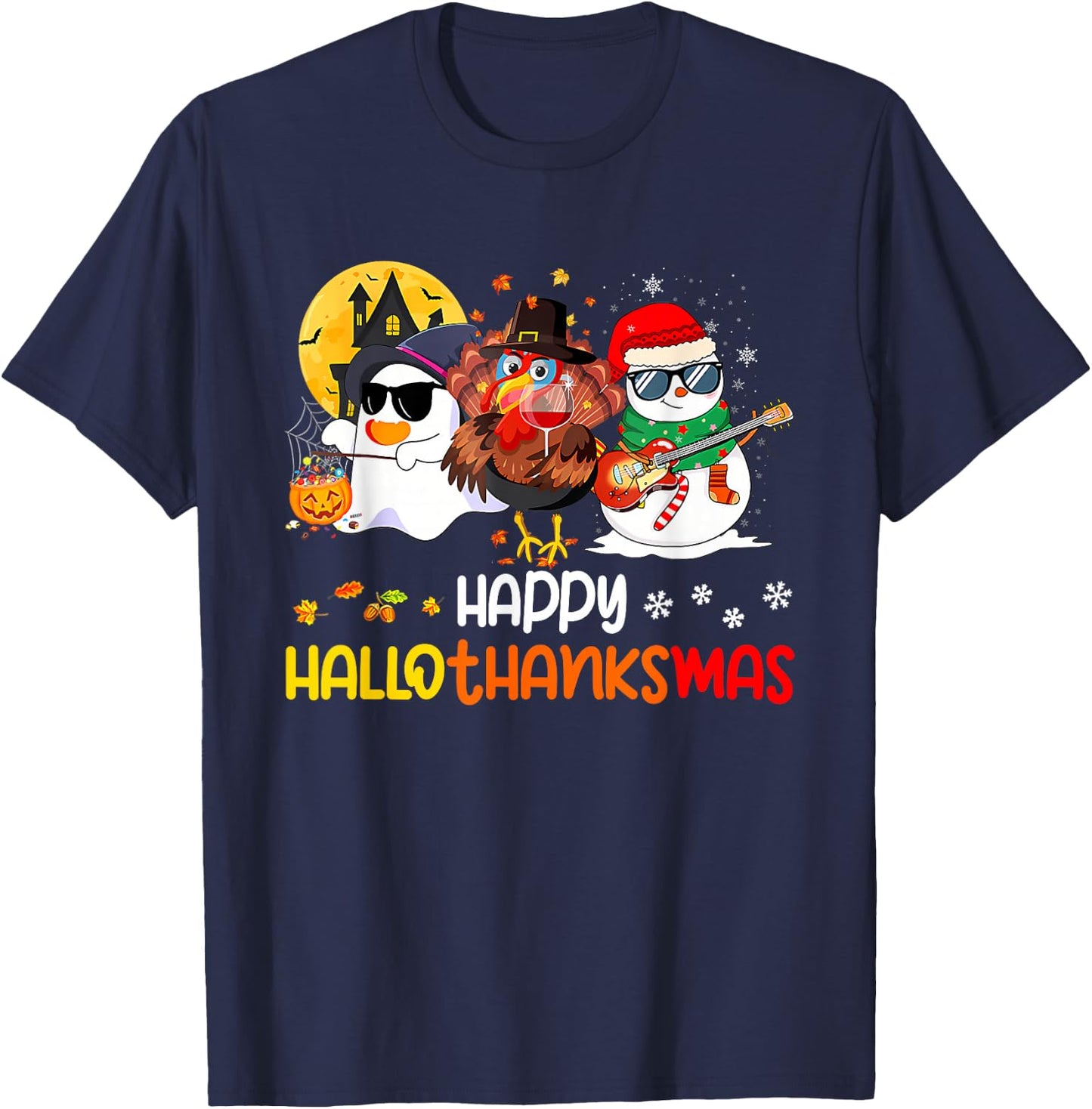 Happy Hallothanksmas Cute Ghost Halloween Thanksgiving Xmas T-Shirt - T-Shirt | Navy