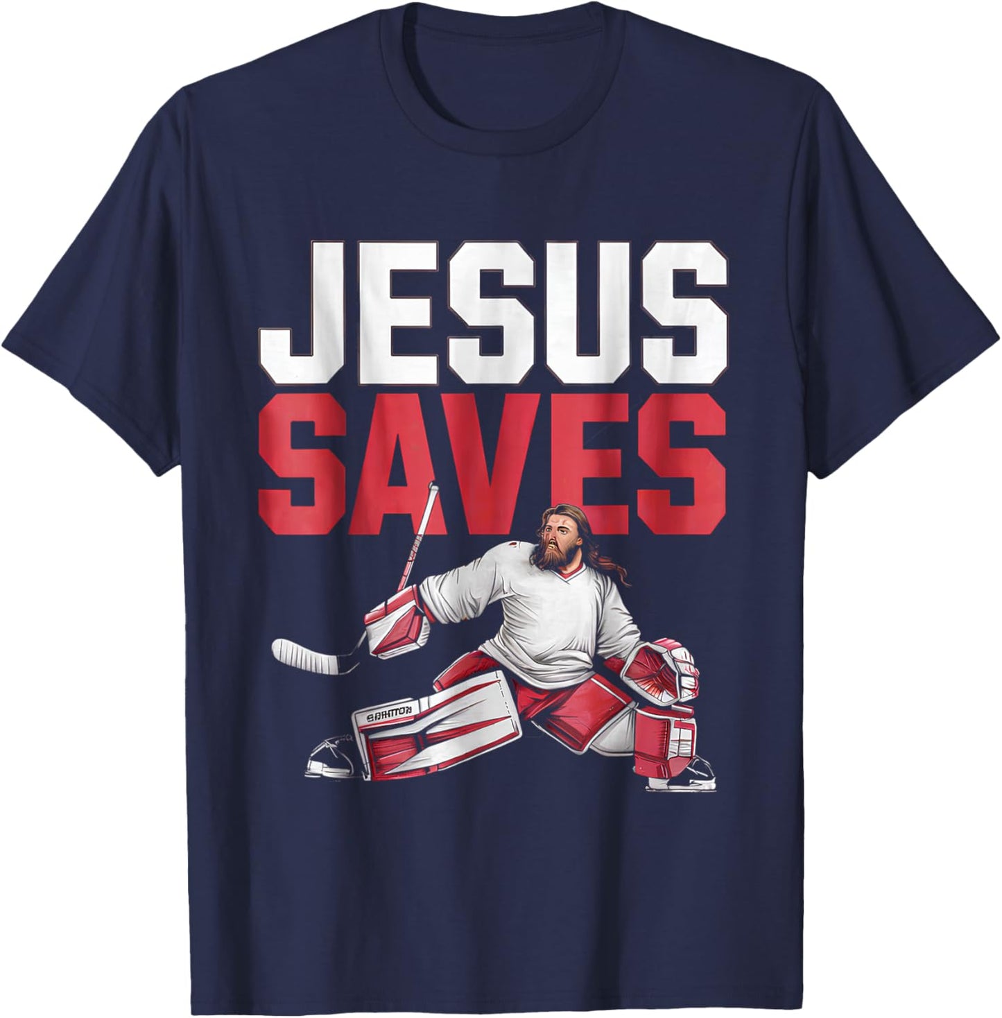 Jesus Saves Ice Hockey Goalie Sport Religious Christian T-Shirt - T-Shirt | Navy