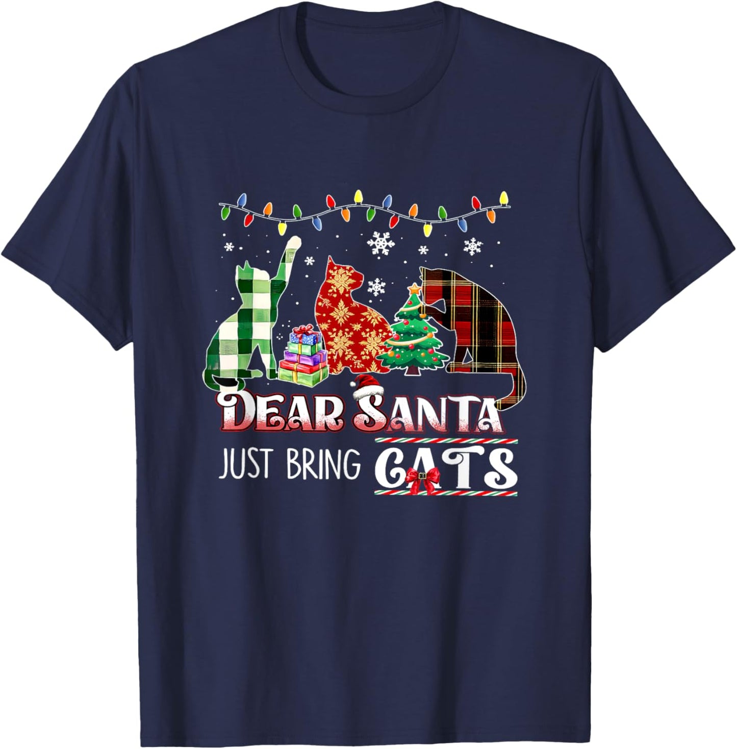 Dear Santa Just Bring Cats Funny Christmas Cat Lover Xmas T-Shirt - T-Shirt | Navy