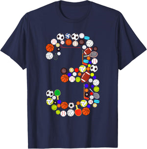 Kids 3rd Birthday Sports Big Number Three 3 Year Old Boy T-Shirt - T-Shirt | Navy