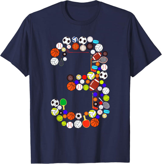 Kids 3rd Birthday Sports Big Number Three 3 Year Old Boy T-Shirt - T-Shirt | Navy
