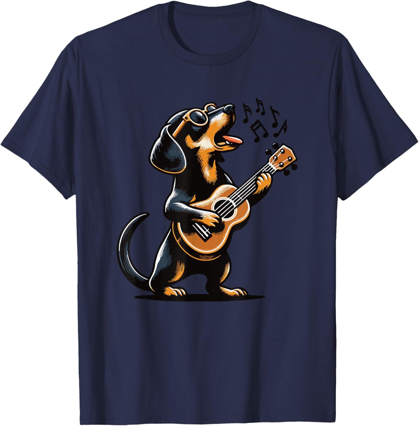 Dog Playing Guitar Singing Dachshund Wiener Dog Funny T-Shirt - T-Shirt | Navy