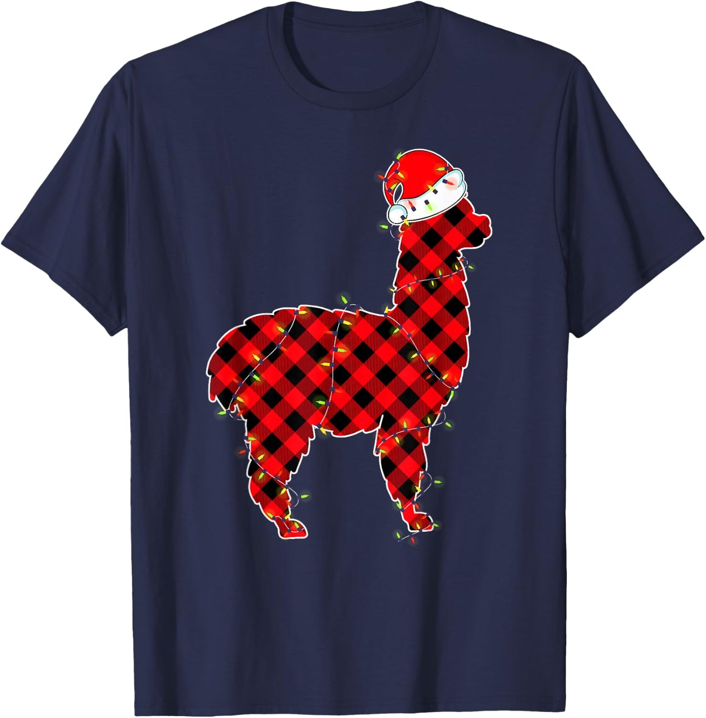 Red Plaid Llama Christmas Lights Pajamas Adult Kids T-Shirt - T-Shirt | Navy