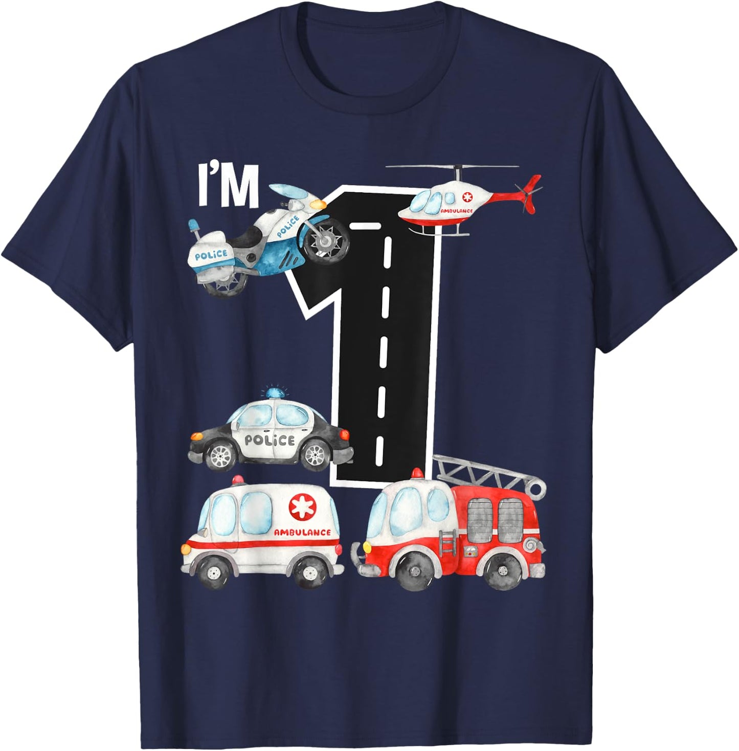 Emergency Vehicles 1st Birthday Fire Truck Police Car Boys T-Shirt - T-Shirt | Navy