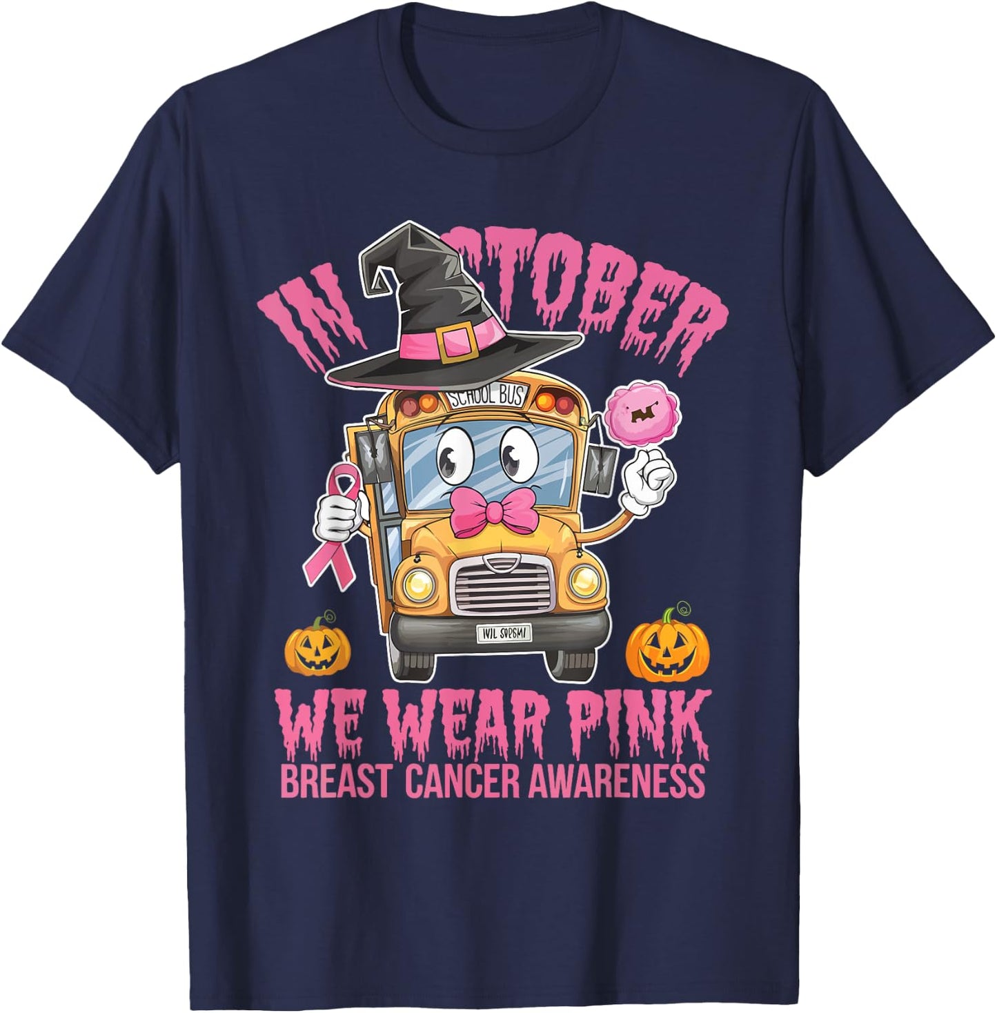 In October We Wear Pink School Bus T-Shirt - T-Shirt | Navy
