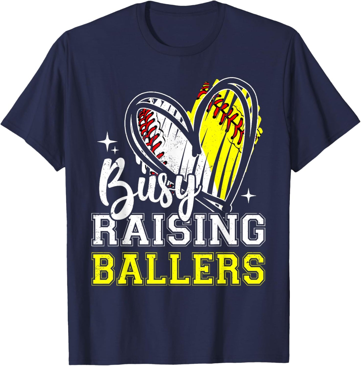 Busy Raising Ballers Heart Softball Baseball Mom T-Shirt - T-Shirt | Navy