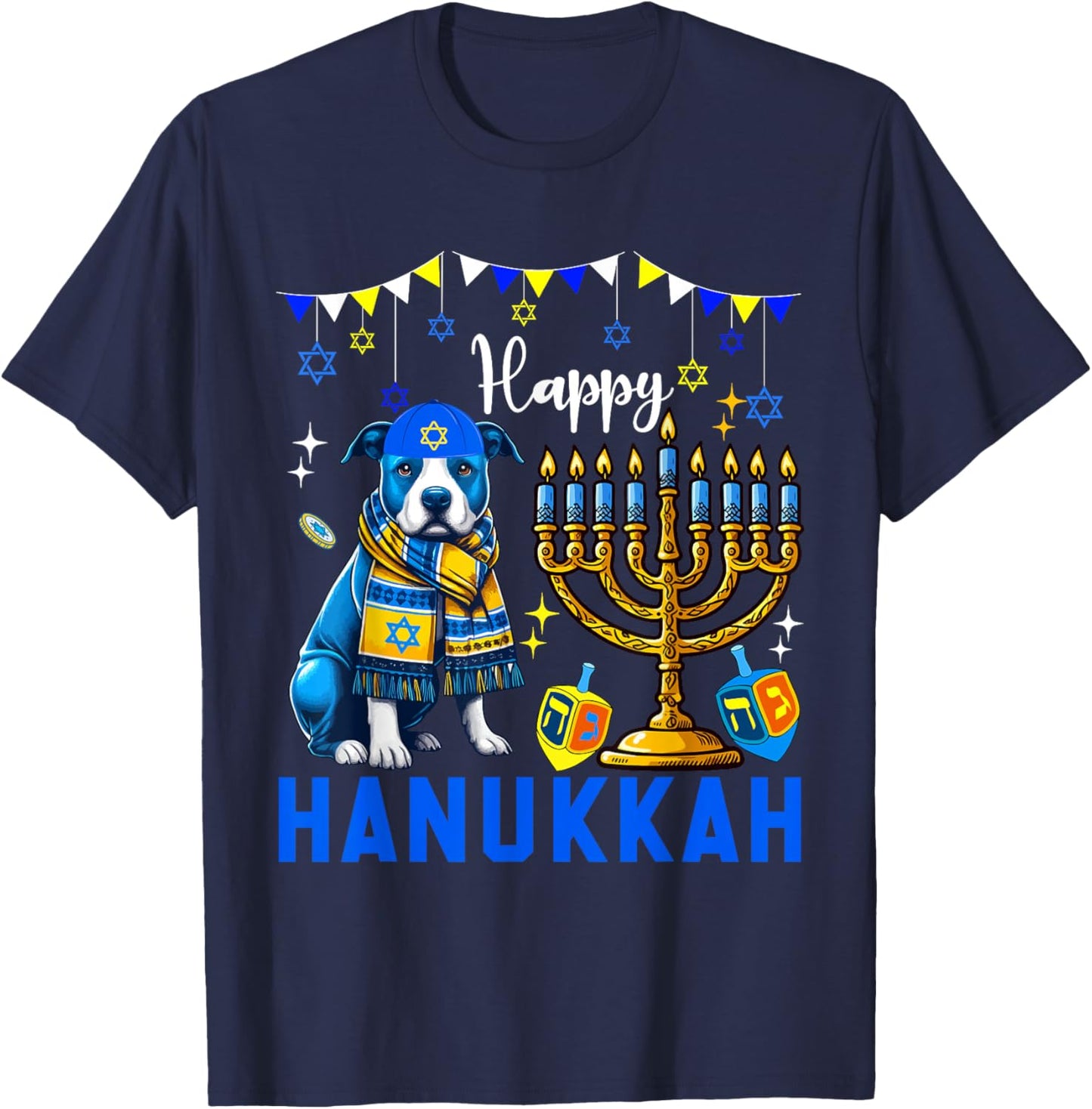 Happy Hanukkah Pit Bull Menorah Dreidel Dog Owner Lover T-Shirt - T-Shirt | Navy