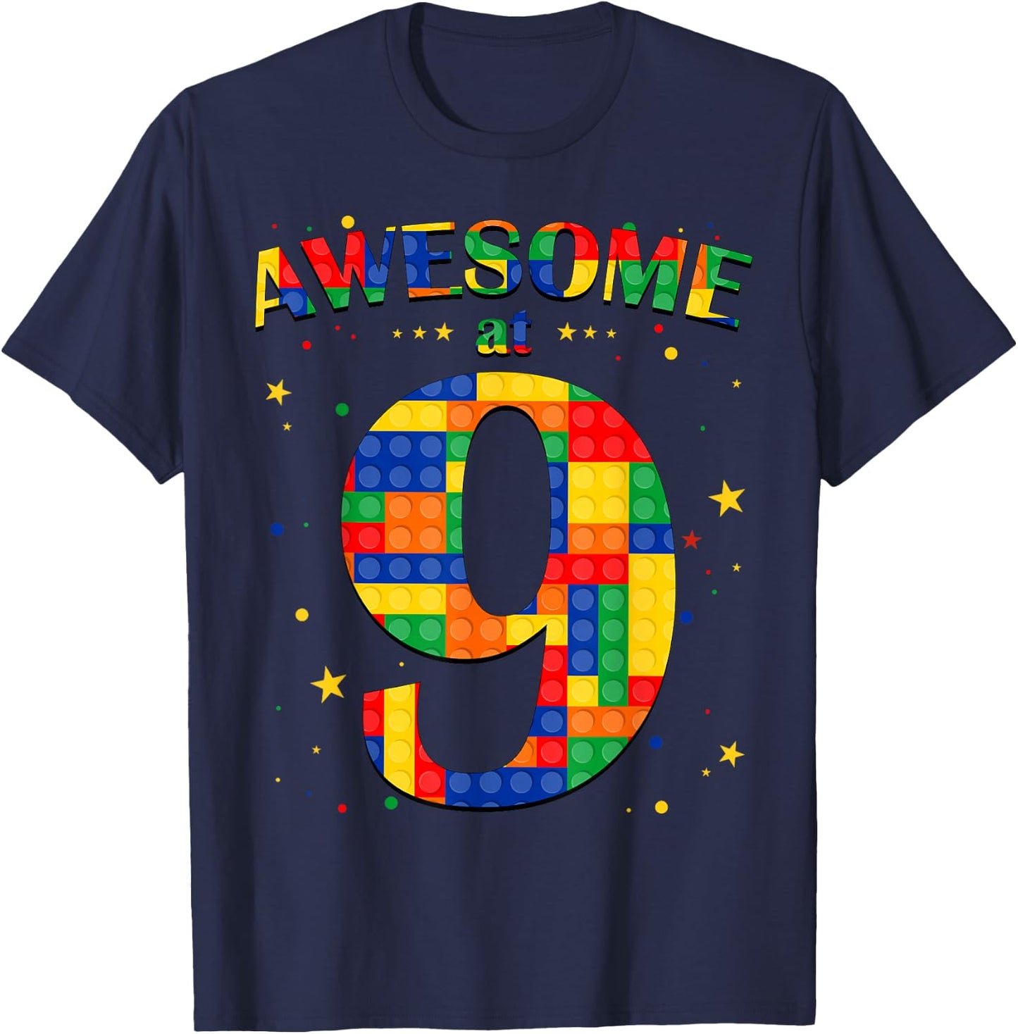 Building Blocks Bricks Awesome at 9 Years Old Birthday Boy T-Shirt - T-Shirt | Navy