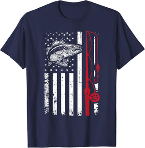 Vintage Walleye Fish T Shirt Fishing American Flag Gift T-Shirt - T-Shirt | Navy