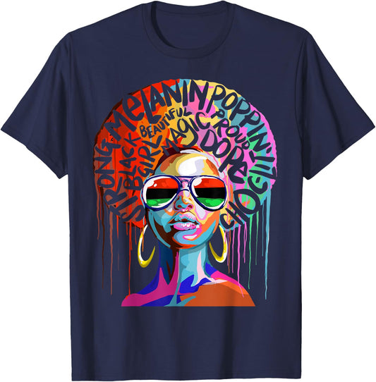 Black Queen Strong Words Afro Art T-Shirt - T-Shirt | Navy