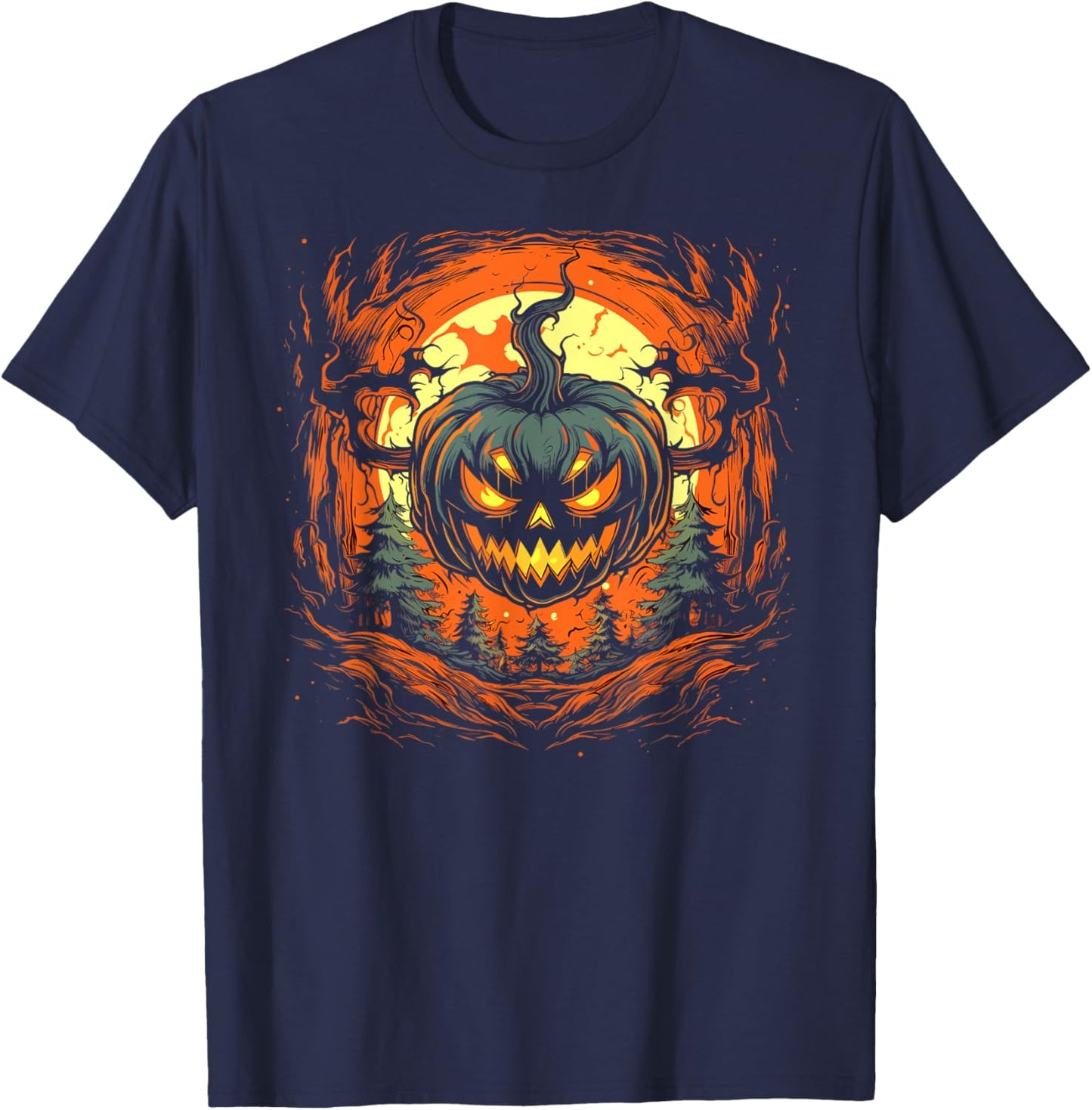 Pumpkin Jack o Lantern Demon Monster Scary Halloween Graphic T-Shirt - T-Shirt | Navy