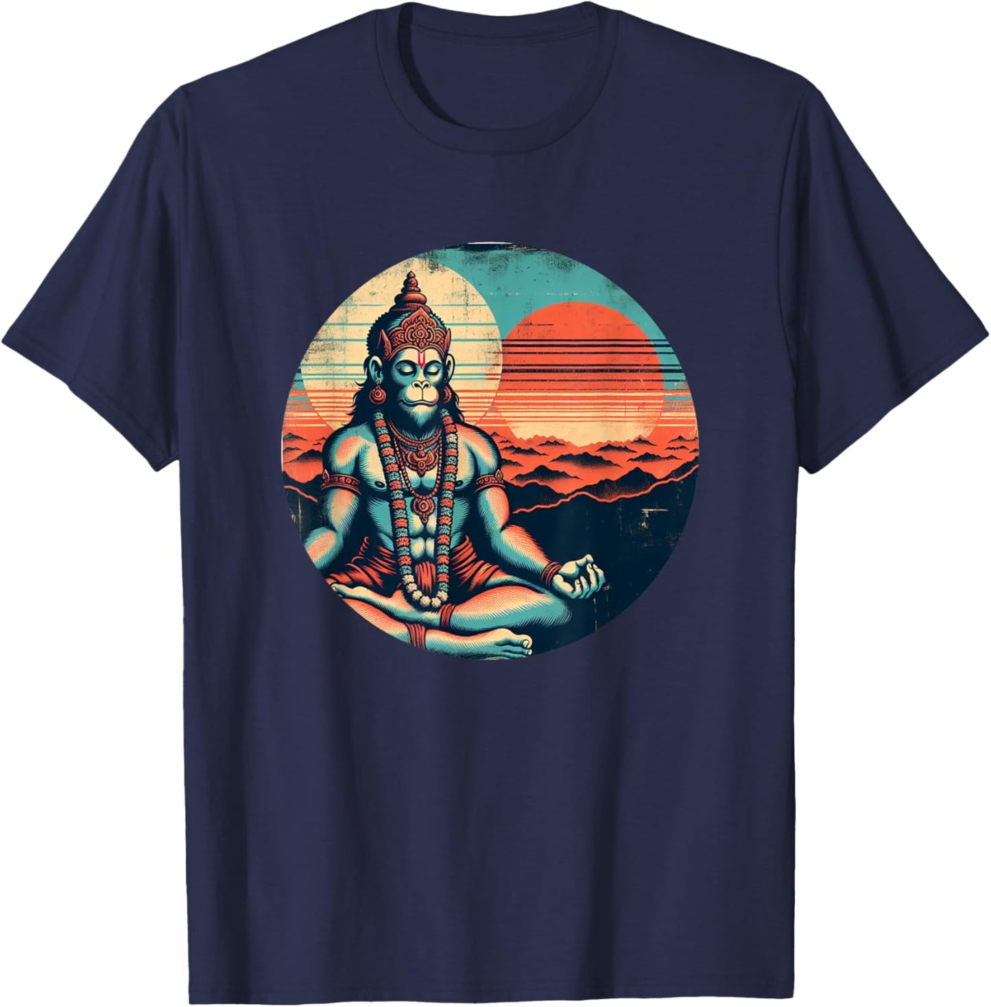 Meditating Hanuman Vintage Sunset Empowering Yoga Meditation T-Shirt - T-Shirt | Navy
