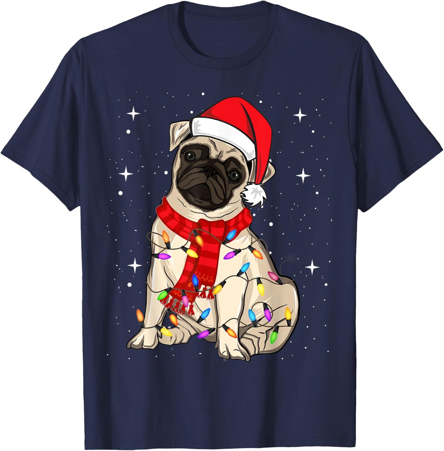 Pug Dogs Christmas Light Santa Hat Puggy Lover Xmas T-Shirt - T-Shirt | Navy