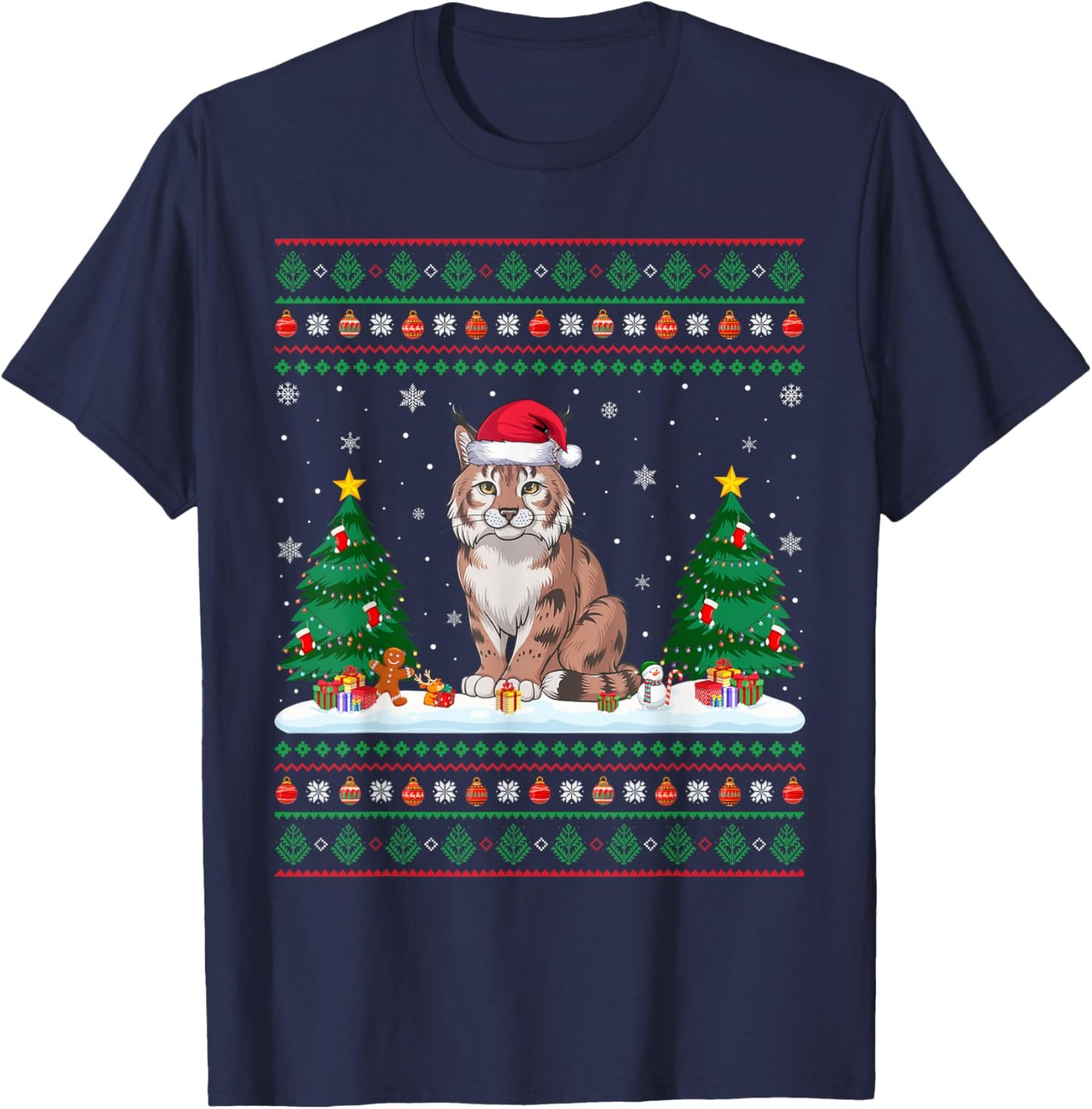 Christmas Tree Lights Bobcat Santa Ugly Xmas Sweater Men Women Kids T-Shirt - T-Shirt | Navy