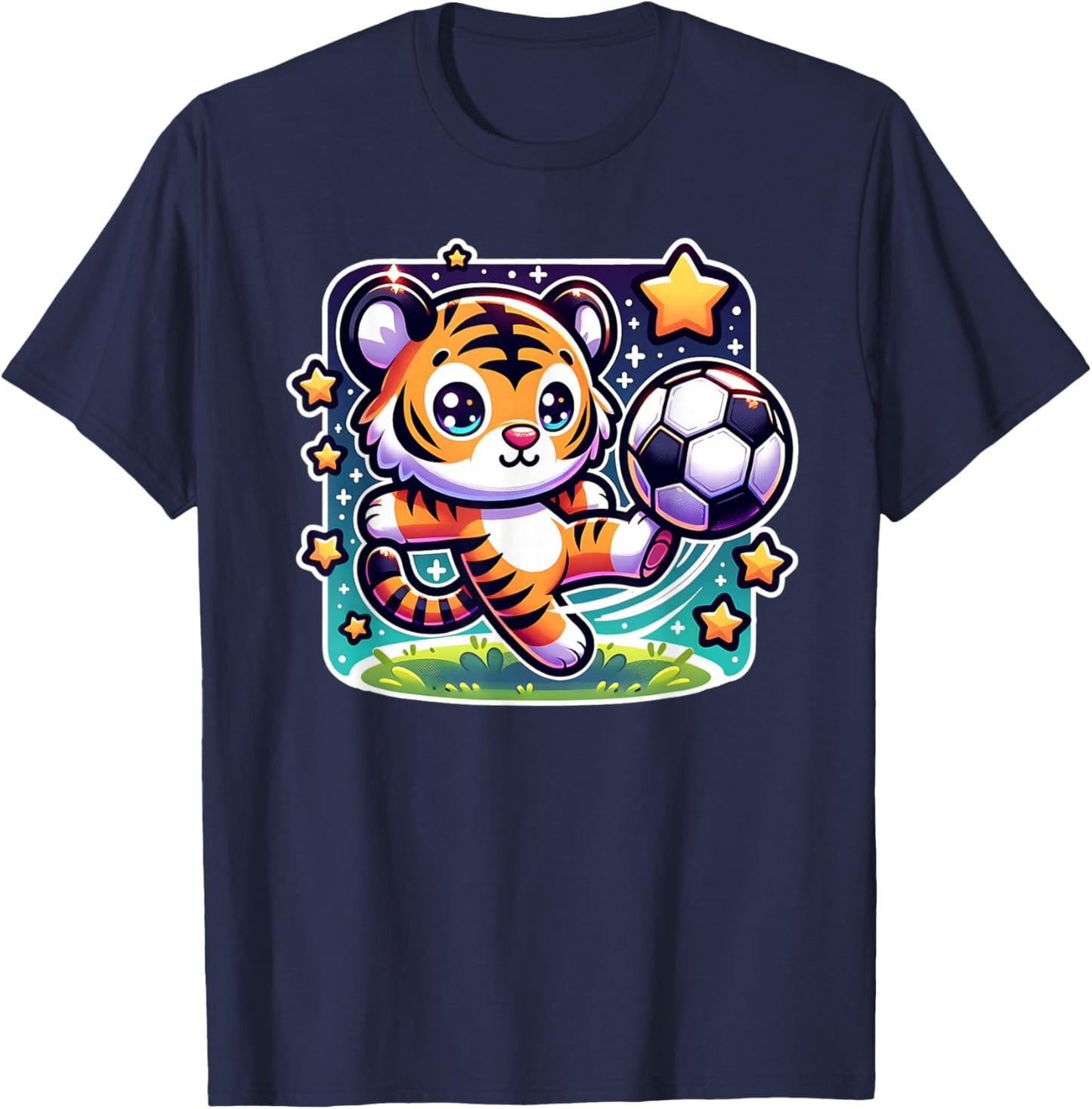 Soccer Player Tiger Cub Kicking Soccer Ball Cute Girls Boys T-Shirt - T-Shirt | Navy