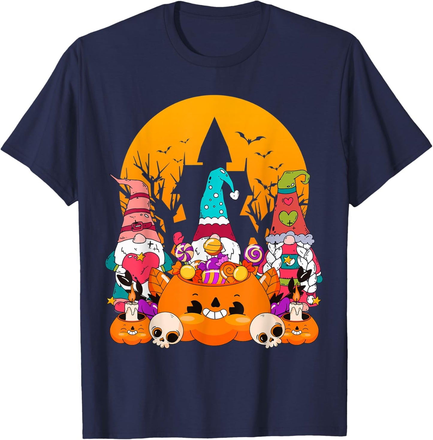 Three Gnomes Happy Halloween Costume Fall Candy Corn Pumpkin T-Shirt - T-Shirt | Navy