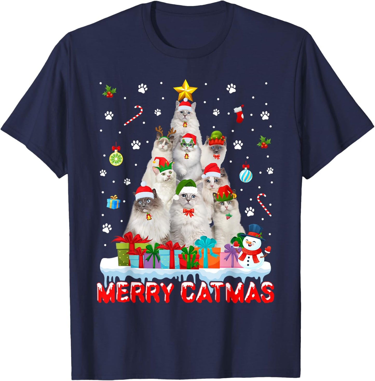 Funny Ragdoll Cat Lovers Cute Holiday Christmas Tree T-Shirt - T-Shirt | Navy