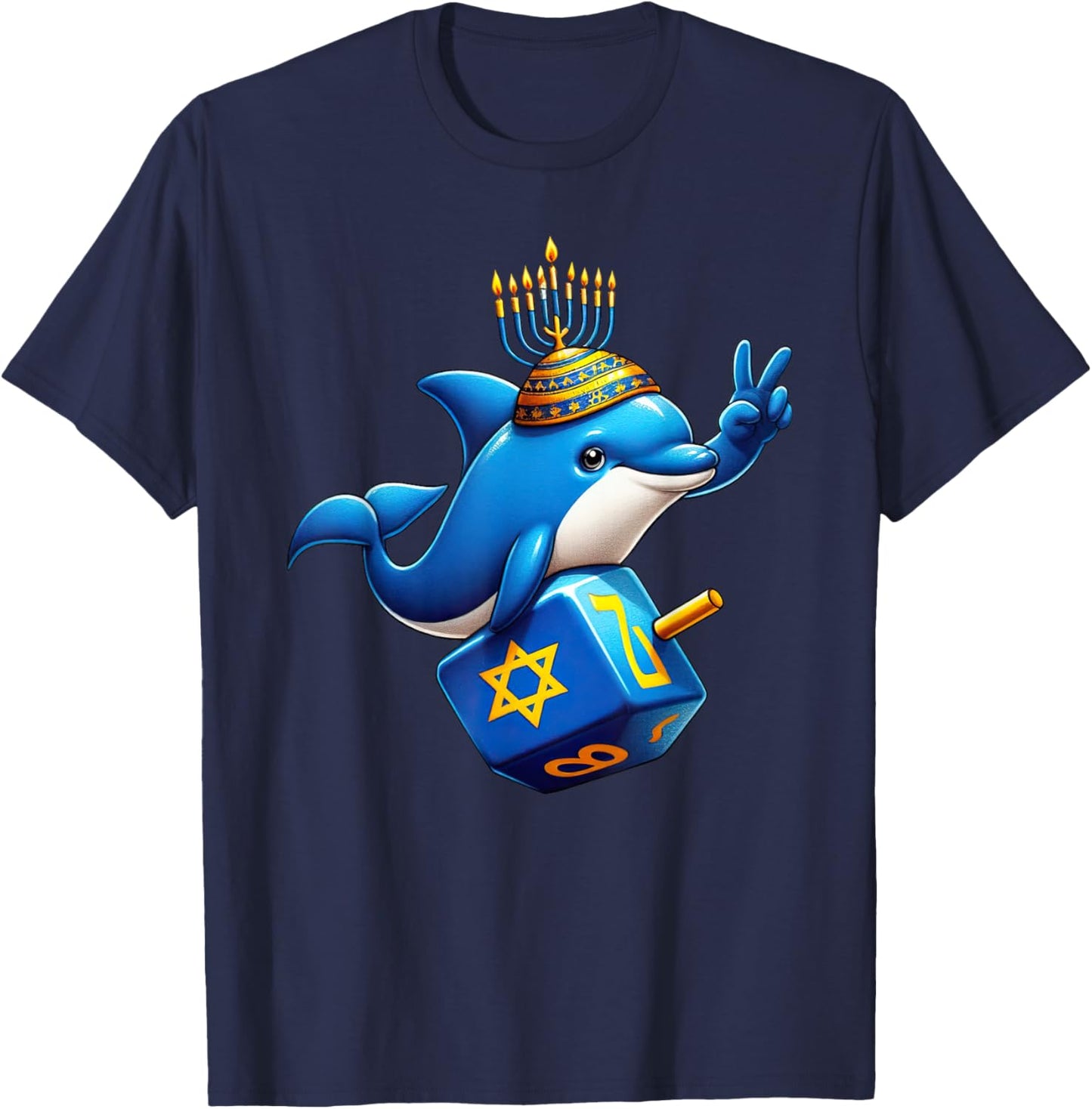 Dolphin Menorah Dreidel Jewish Hanukkah Kids T-Shirt - T-Shirt | Navy
