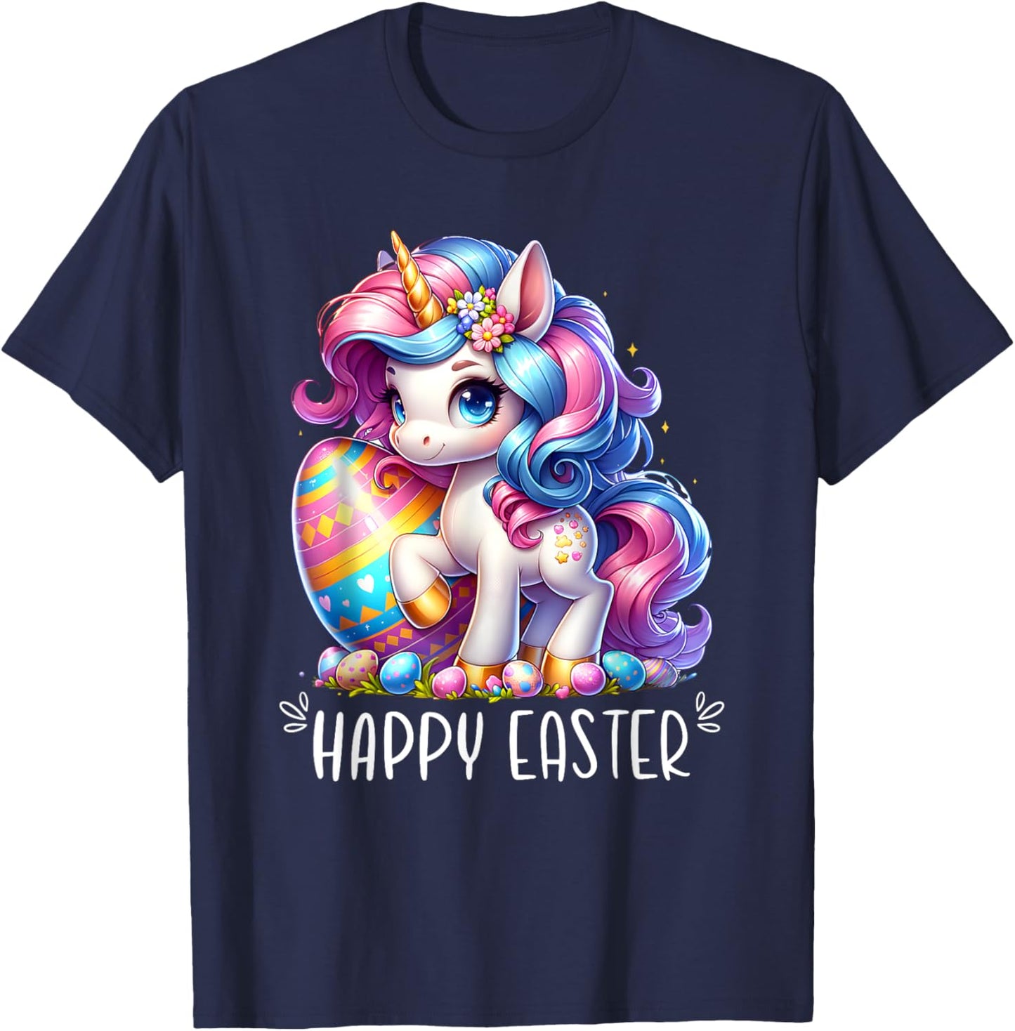 Unicorn Happy Easter Day Bunny Rainbow Egg Girls Kids T-Shirt - T-Shirt | Navy